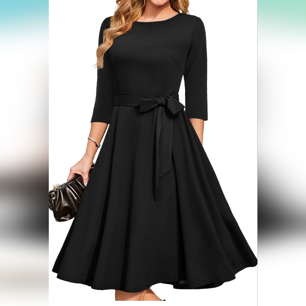 Black Fit and Flare Cocktail Dress with Cuffed Sleeves Size Small